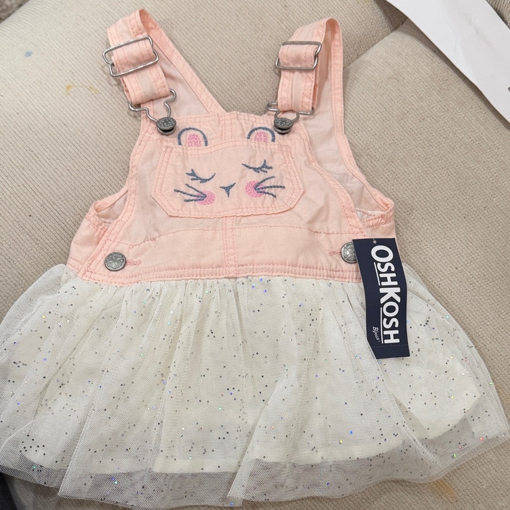 OshKosh Pink Embroidered Kitty Tulle Overall Dress with Sparkle